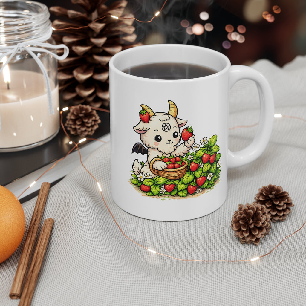 Cute Goat Harvest Mug — Kawaii Baby Goat Picking Strawberries 11oz