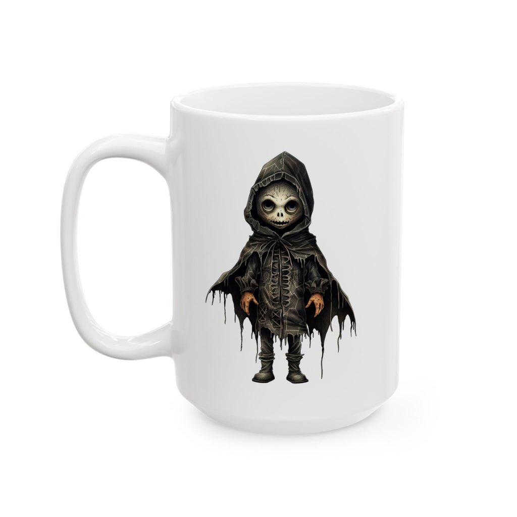 Cute Gothic Grim Reaper Doll Mug – Dark Fantasy Skeleton Character with Hooded Cloak, Ceramic Mug, (11oz, 15oz)
